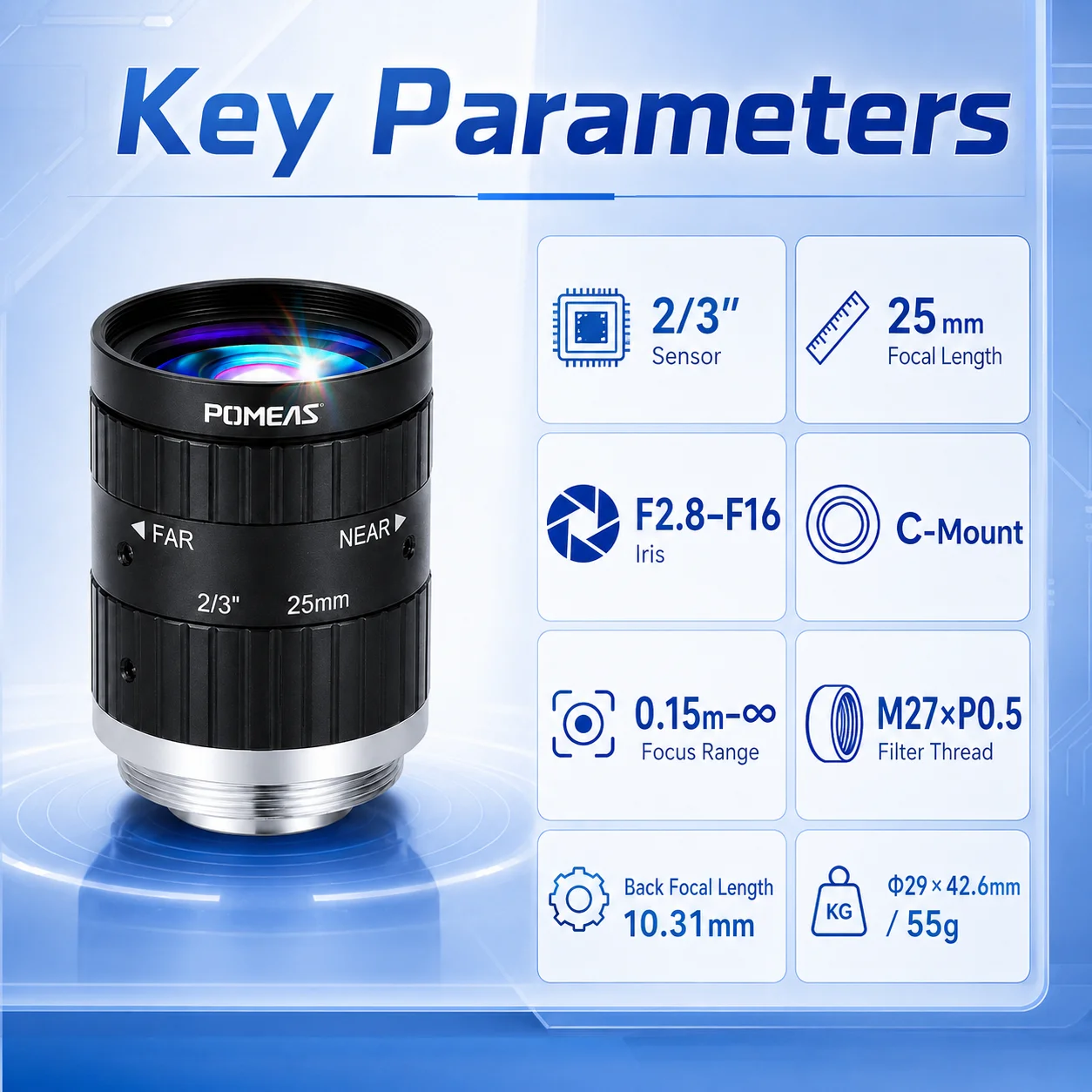Pomeas 25mm C-Mount Machine Vision Lens for 2/3" 10MP Cameras