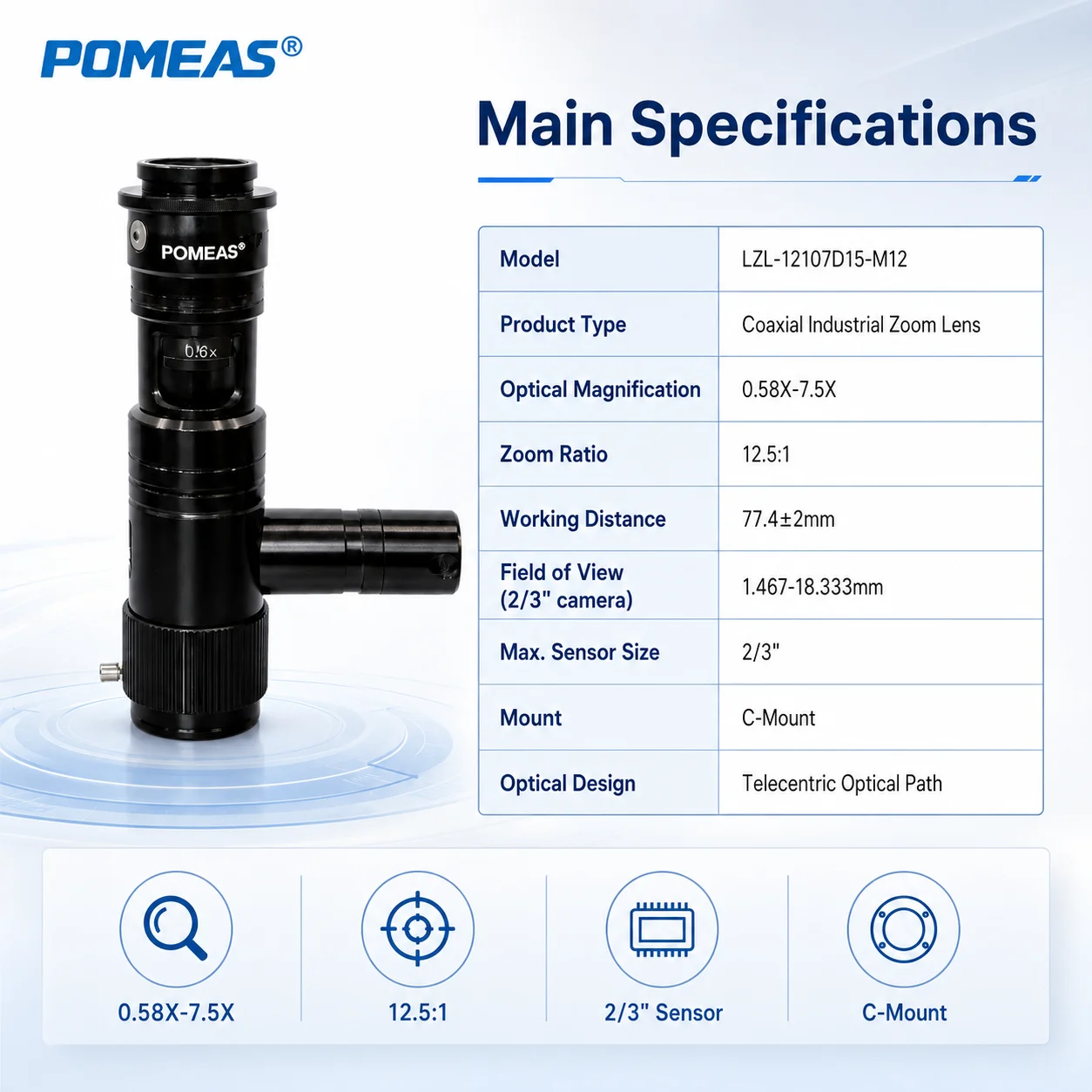 PMS-Z125D-CH12 12.5X C-Mount Zoom Lens for Machine Vision