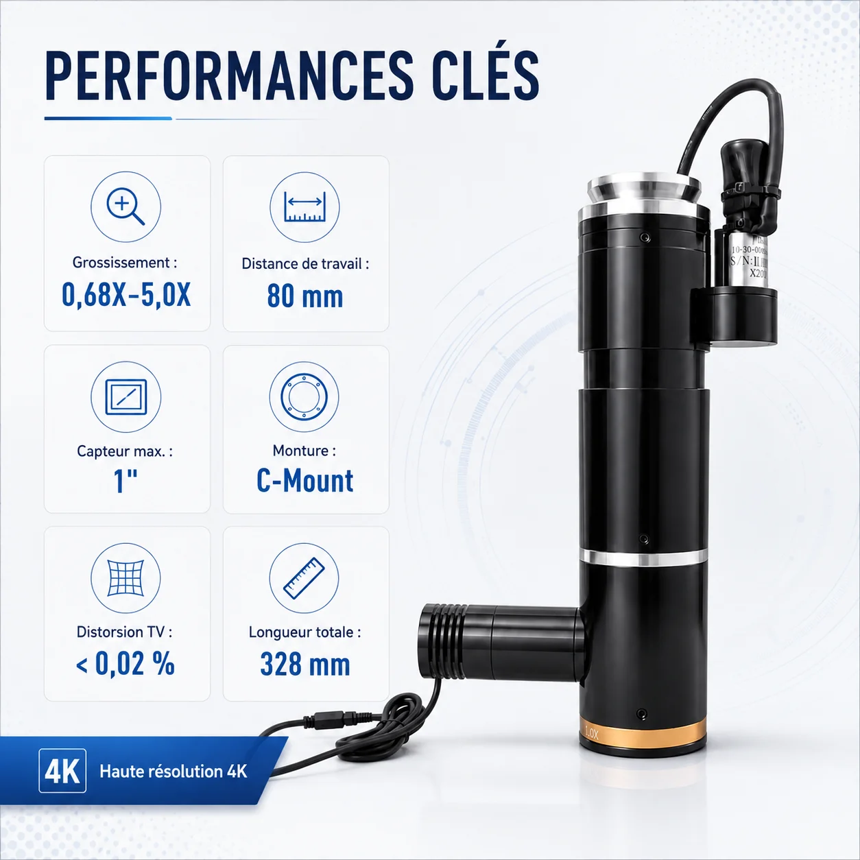 Objectif zoom 4K motorisé avec éclairage coaxial C-Mount