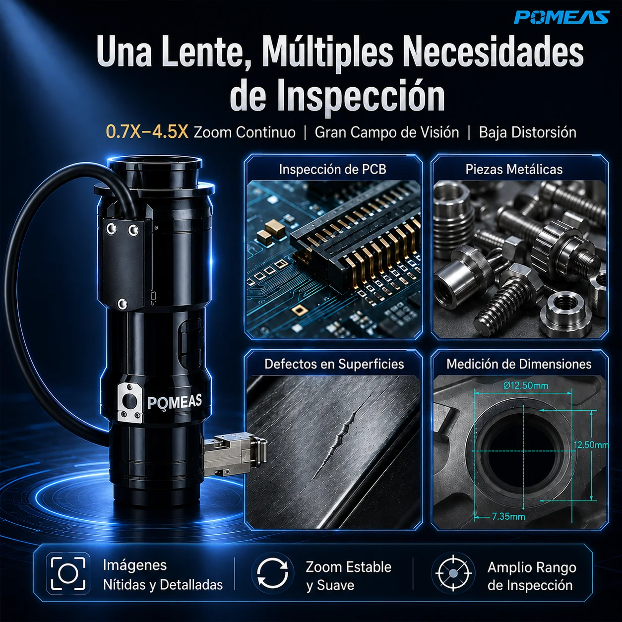 Lente zoom industrial 0,7×–4,5× con realimentación electrónica