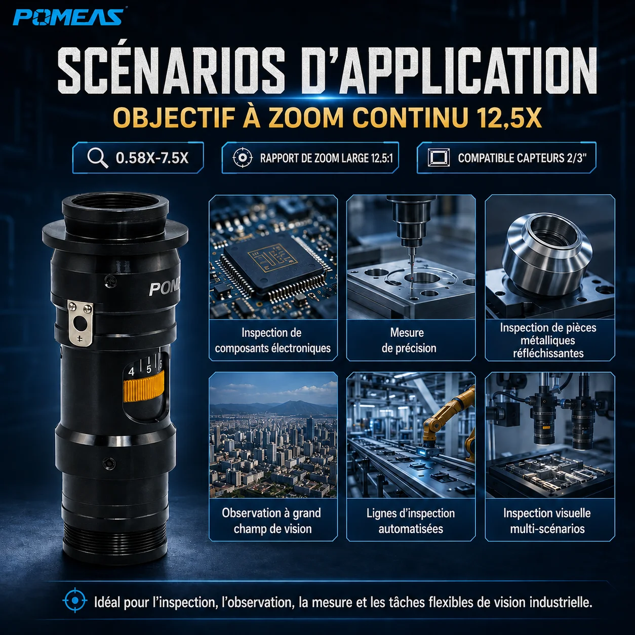 Objectif Zoom Industriel 12,5X à 15 Positions Mécaniques, Monture C