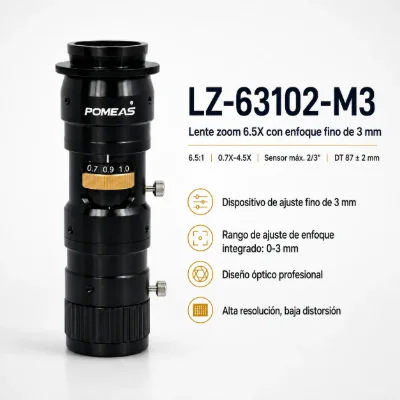 Lente zoom industrial 0,7×–4,5× con ajuste fino de 3 mm