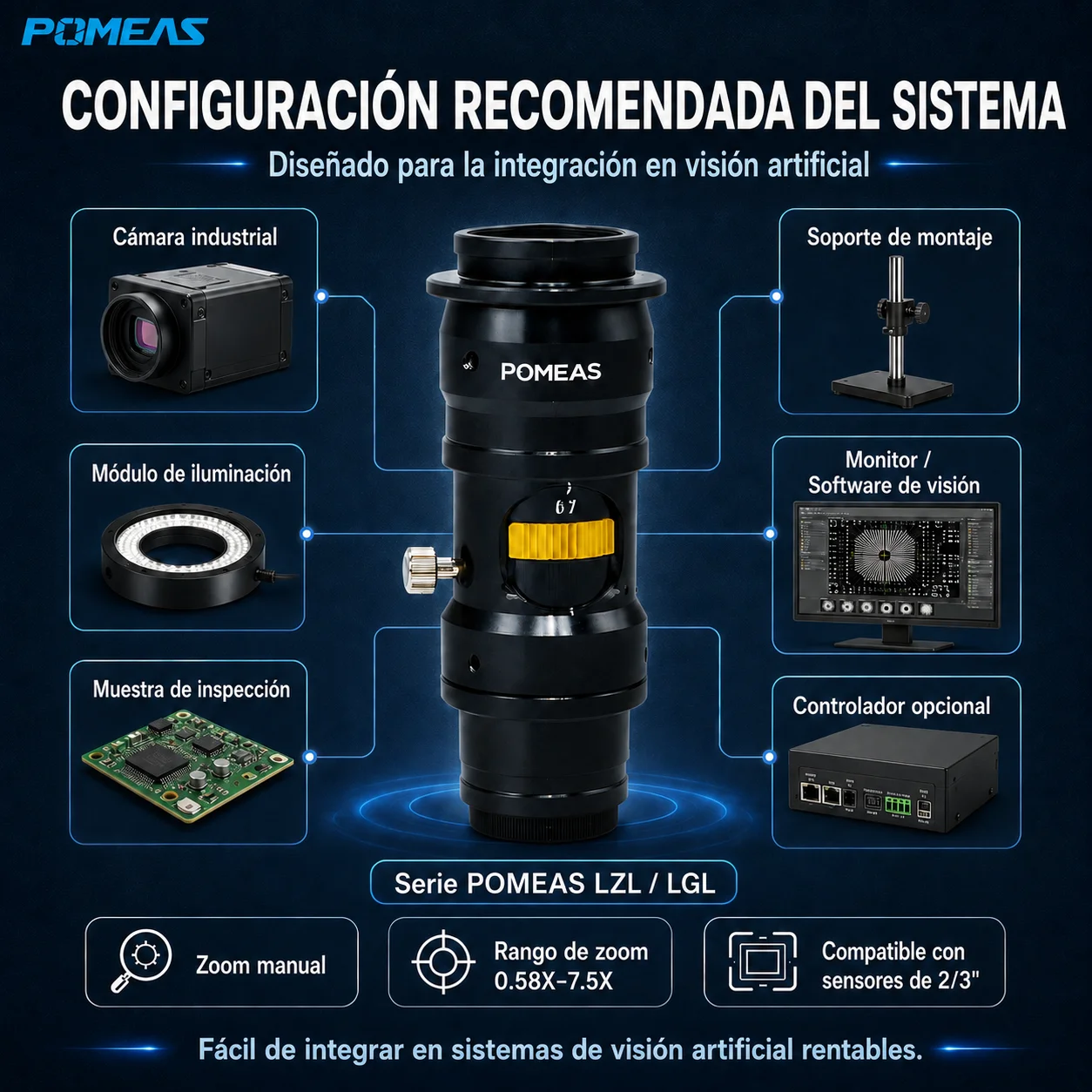 Lente zoom industrial telecéntrico 12,5X de 0,58× a 7,5×