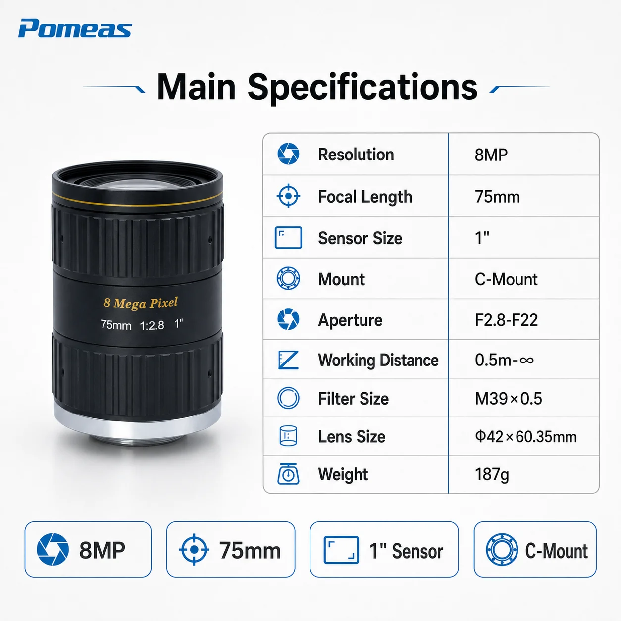 8MP 75mm C-Mount Machine Vision Lens for 1" Sensor