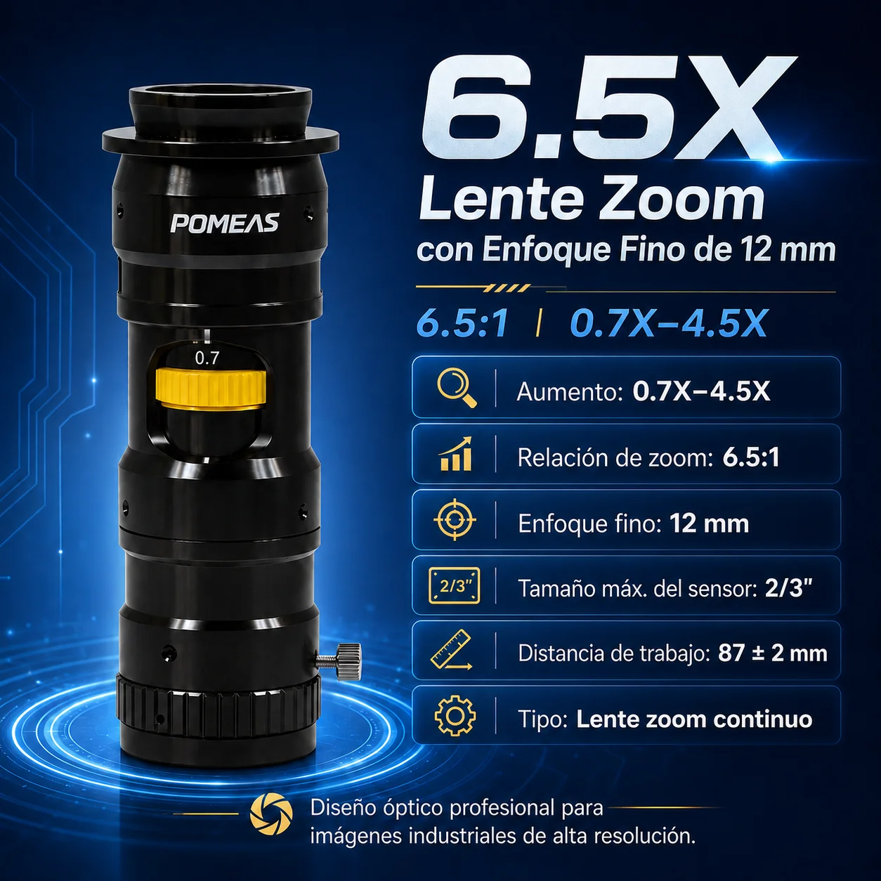 Lente zoom industrial 0,7×–4,5× con ajuste fino de 12 mm