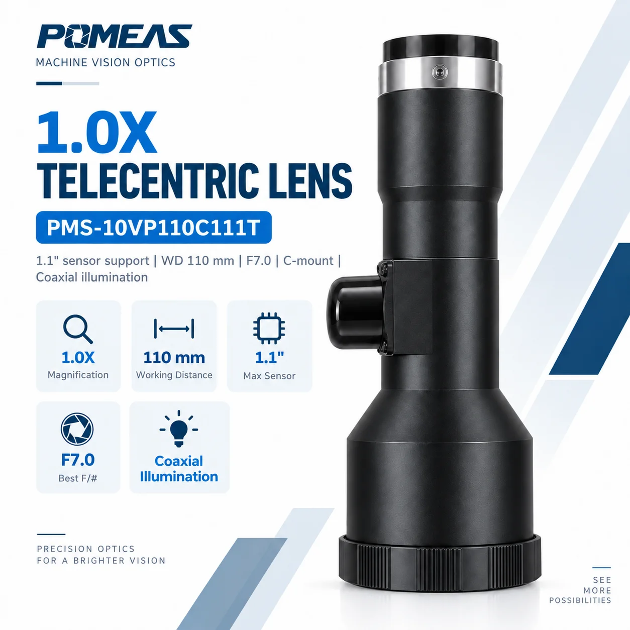 PMS-10VP110C111T 1.0X Bi-Telecentric Lens for 1.1" Sensor